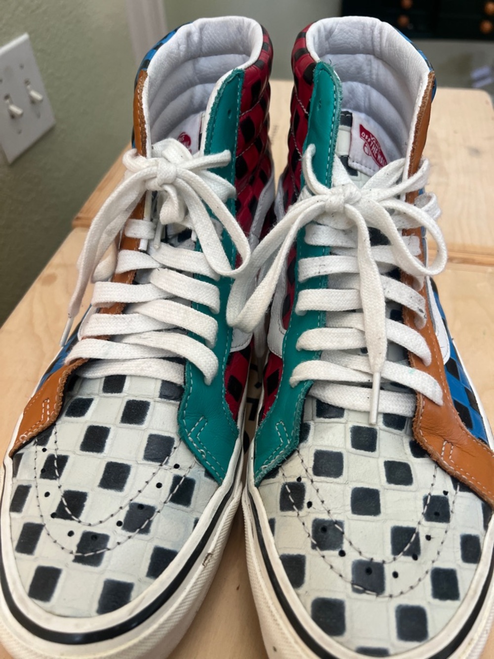 Vans Multicolor Checkerboard High-Top Sneakers with Teal, Tan & Red Panels